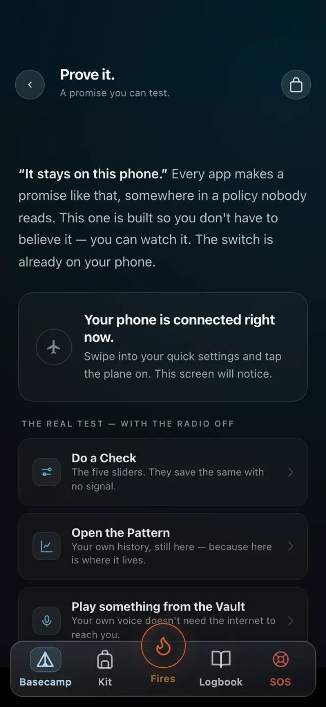 The offline check — airplane mode on, everything still working